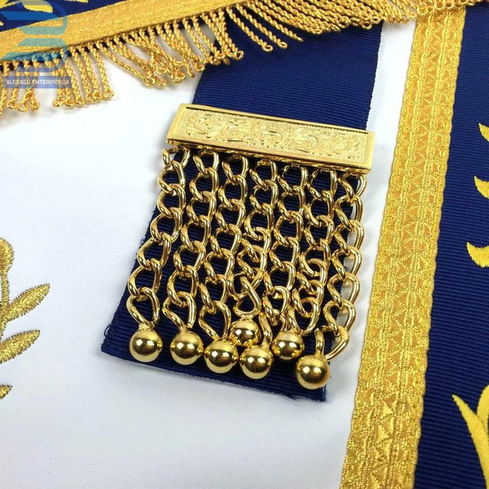 Bullion Hand Embroidery Masonic Regalia Blue Lodge Master G Mason Gold Machine Embroidery Apron With Fringe