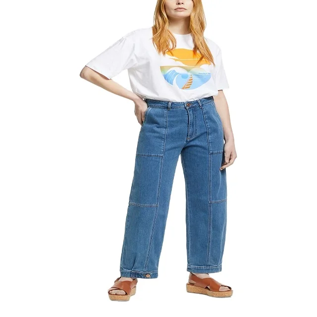Hot Selling Custom 2024 plus size blue breathable boyfriend baggy street femme denim wide leg pants with pockets women jeans