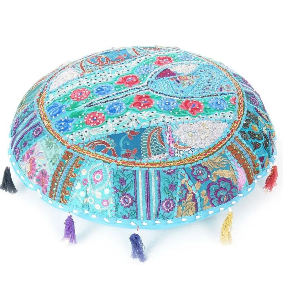Indian Textile Wholesale 100% Cotton Handmade Patchwork Bohemian Round Zafu Pouf Vintage Embroidered Floor Pillow Cushion Cover