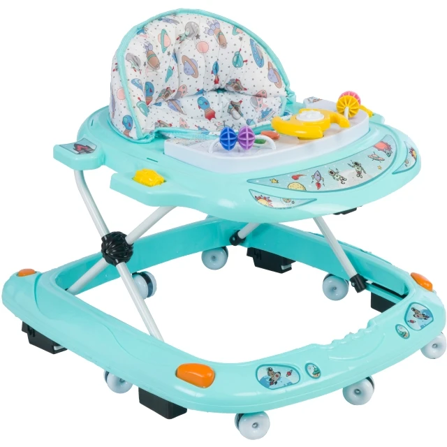 Best Seller 10-Wheel Rotating Baby Walker Toddler Walkers Easy Folding Iron Frame Activity Toys with Light Button Music Tray