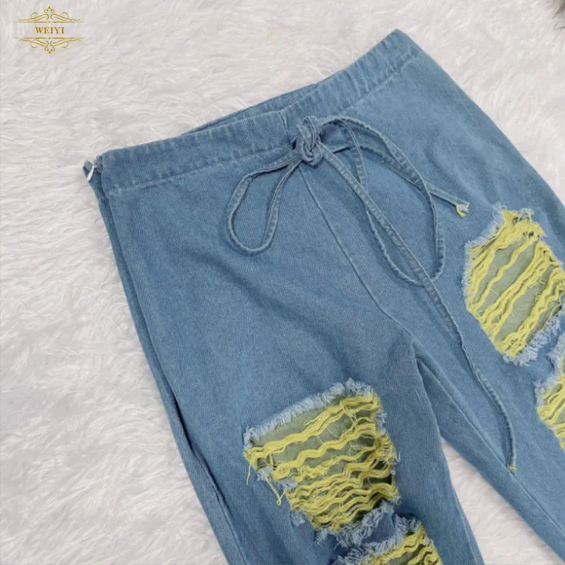 
New arrival Women Flare Jeans Full Length Denim Flare Capris Pants Pocket Holes Bell Bottom Trousers Boot Cut Ruffle Denim Pants 