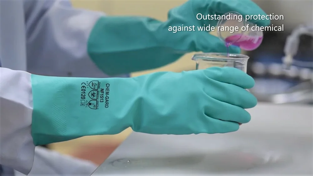 OEM direct factory flocklined non latex green nitrile gloves Malaysia for chemical resistant oil grease for car repair use