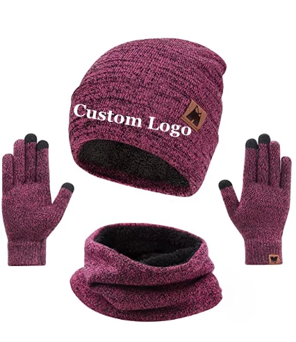 Winter Hat Scarf Glove Set Warm Knit Lined Fleece Beanie Scarf Touchscreen Gloves Winter Cuffed Wool Hat Set for Man Woman