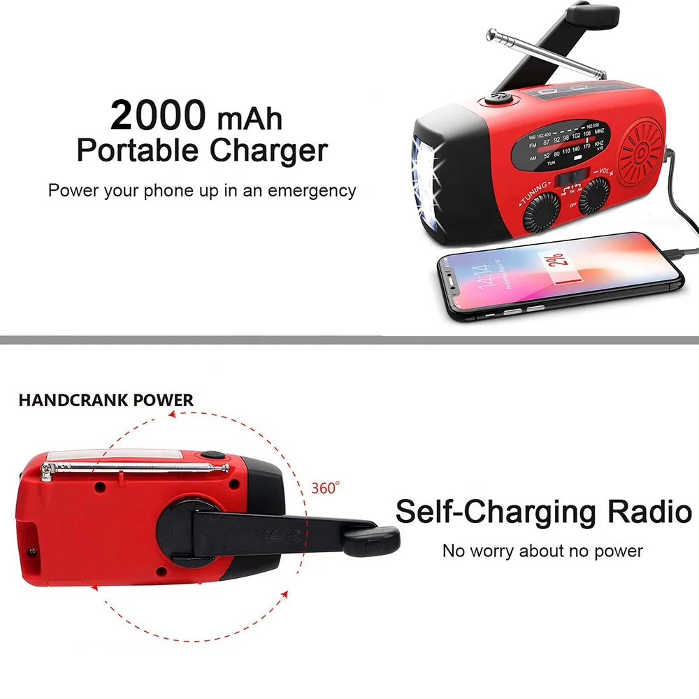 Built-in 2000mAh battery emergency weather radio portable solar hand crank radio with flashlight