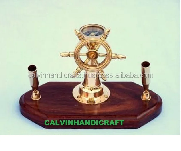 Antique Brass Vintage Solid Brass & wood Ship Wheel Compass Pen Holder CHCOM032