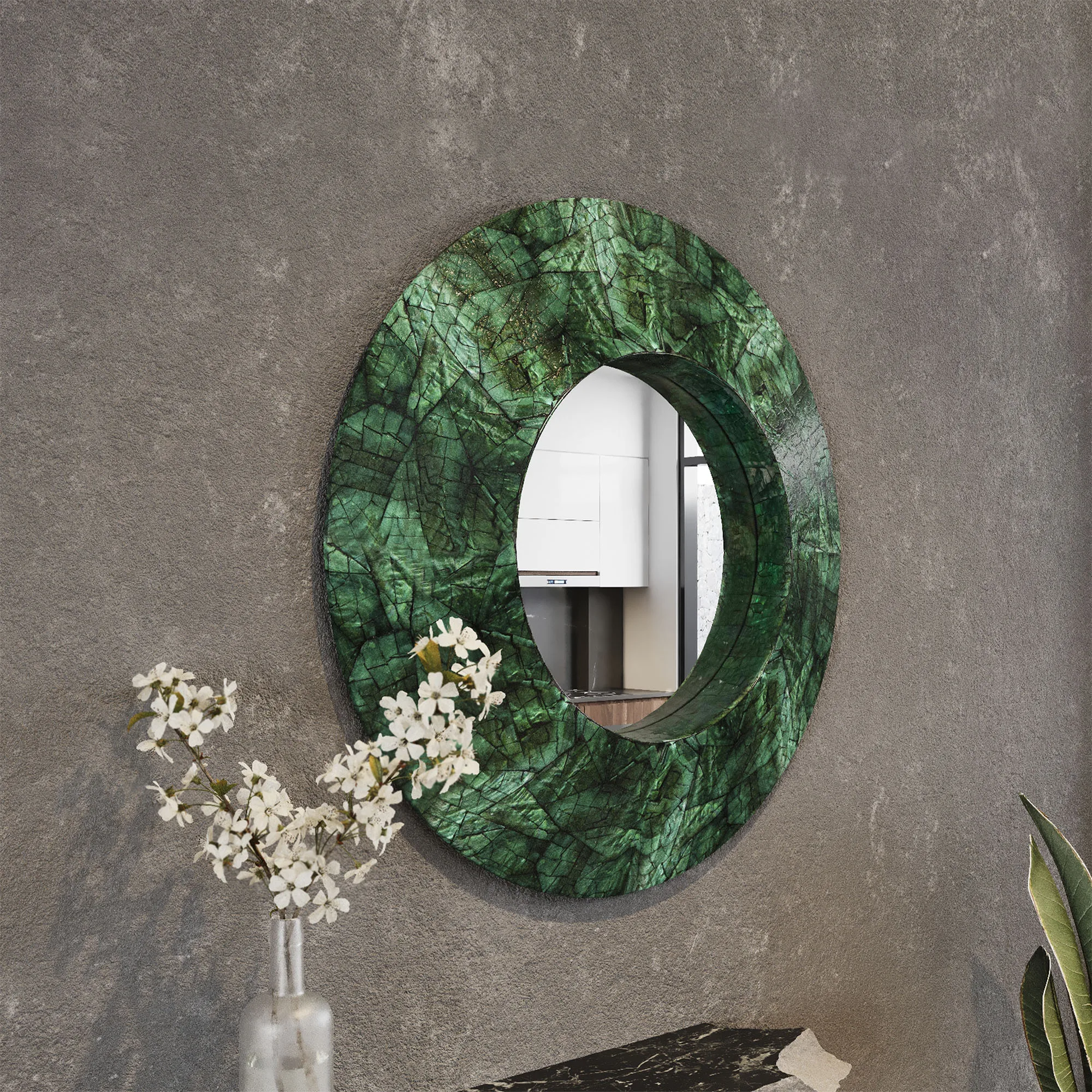 Handcrafted Round Wall Mirror Glass - Mother of Pearl Mirror Glass Wall Accent Coastal Entryway Round Framed 30inch Mirror Glass
