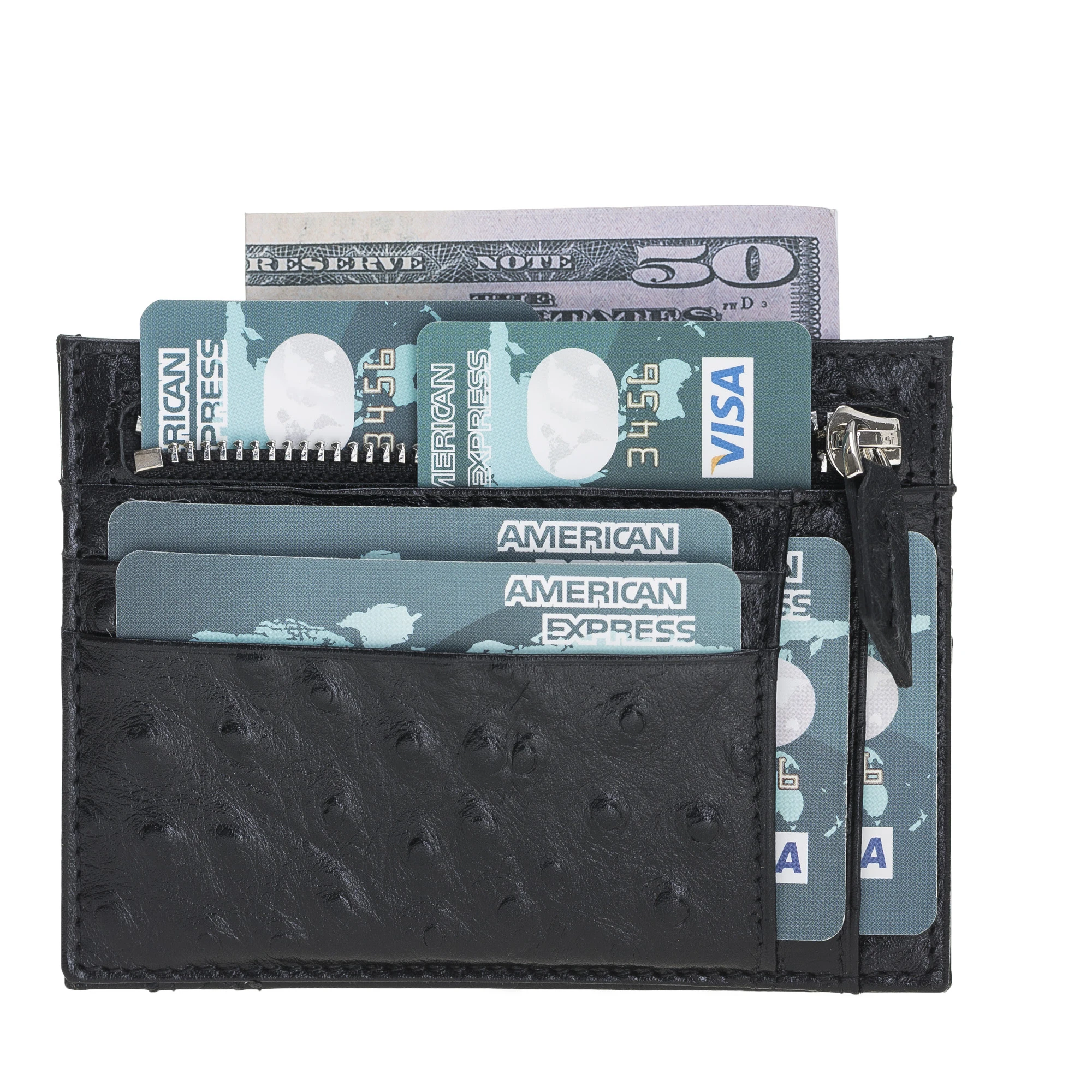 Ostrich Patterned High Quality Genuine Leather  Zip Card Holder