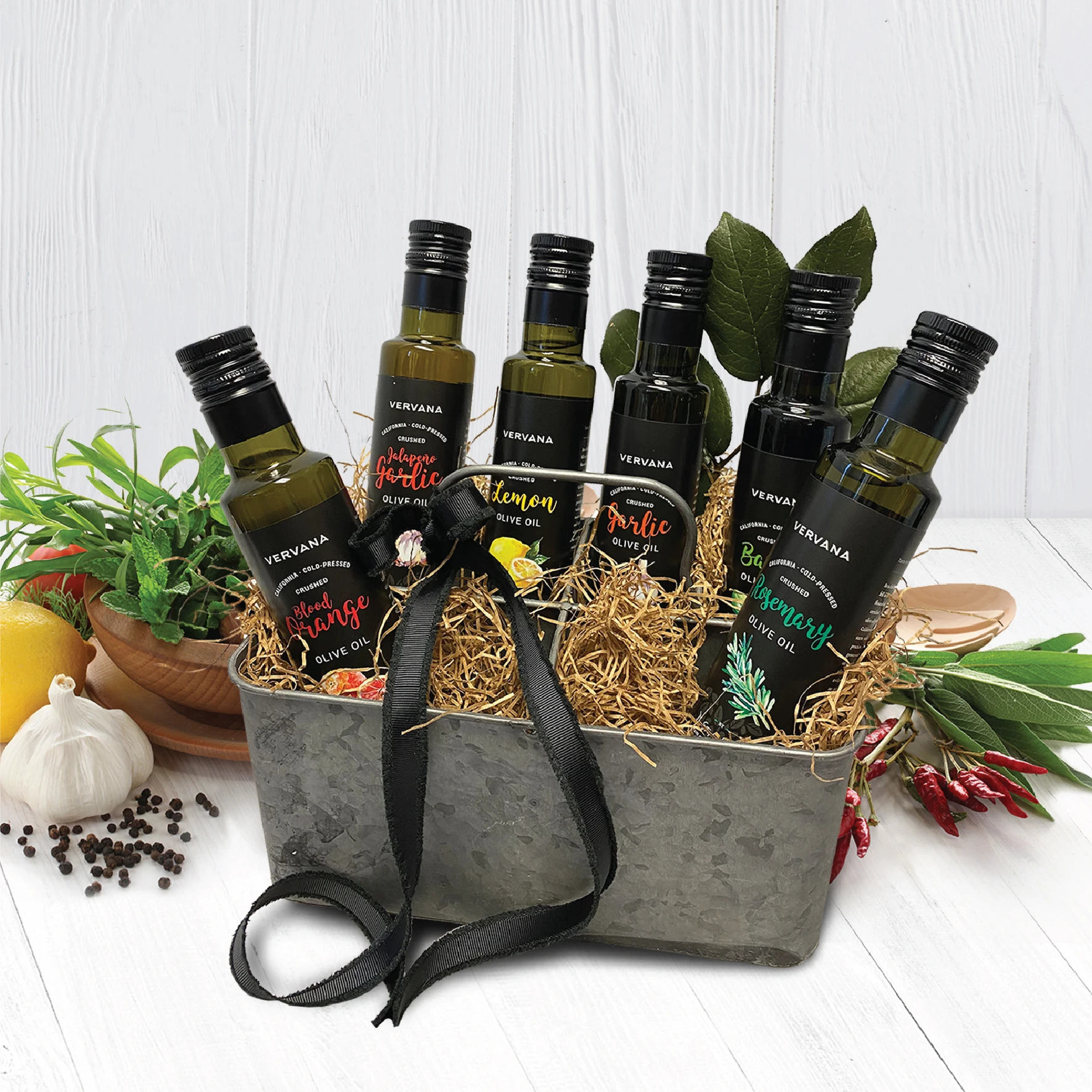 
Gourmet Gift Set: 6 (250 ml) Vervana Crushed Flavored Olive Oils: basil, garlic, lemon, jalapeno garlic, rosemary, blood orange 