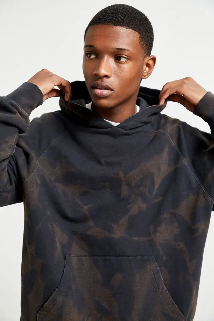  Черные толстовки с принтом мужские рукавом реглан отбеливающие большого размера кенгуру и карманами