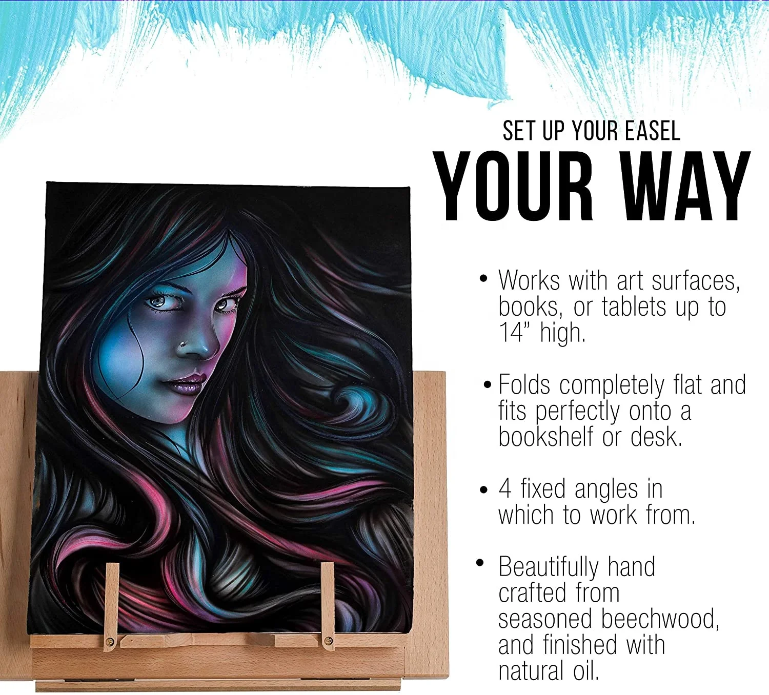 Large Wooden Table Easel, Cookbook Stand, Text Book Tablet Rest, Premium Beechwood - Adjustable Incline, 2 Flip-Up Page Holders