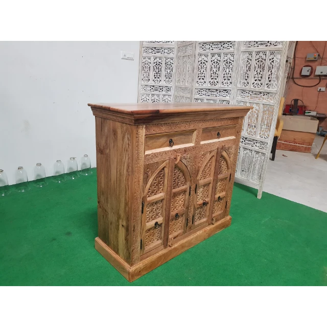 CARVED WOODEN ACACIA TWO DOOR PANEL SIDEBOARD SOLID WOOOD SIDEBOARD FARMHOUSE FURNITURE  DINNING ROOM FURNITURE
