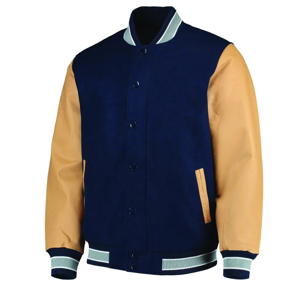 Wholesale Custom made Baseball Jacket Navy Blue Wool & Leather Varsity Letterman Bomber Fleece embroiled bomber jacket