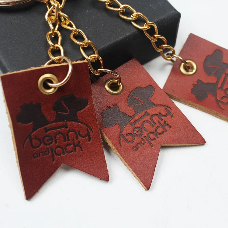 Design Custom Engraved Brand Logo Real Brown Leather Keychains for Men