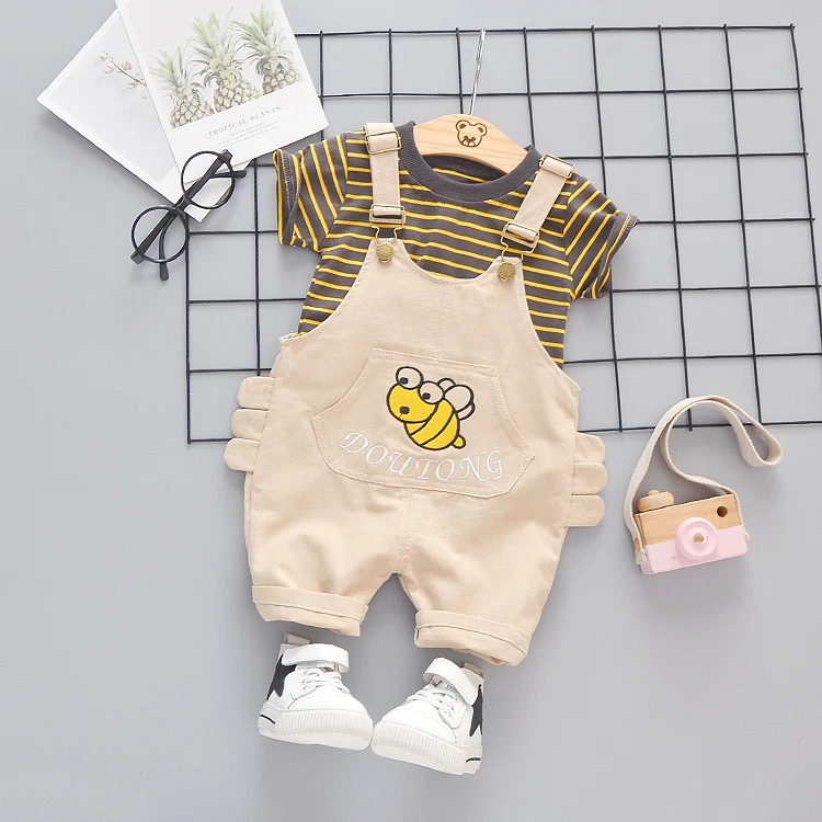 Girl summer suspenders pants small bee pattern + stripe T-shirt set kids girl summer kids clothing wholesale