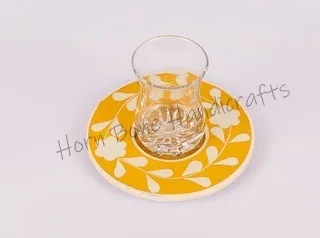 New Design Indian Handmade Mother Of Pearl Bone Inlay Tea Coaster Tea Saucer Set For Coffee Table Trays Coasters Set Qatar Dubai