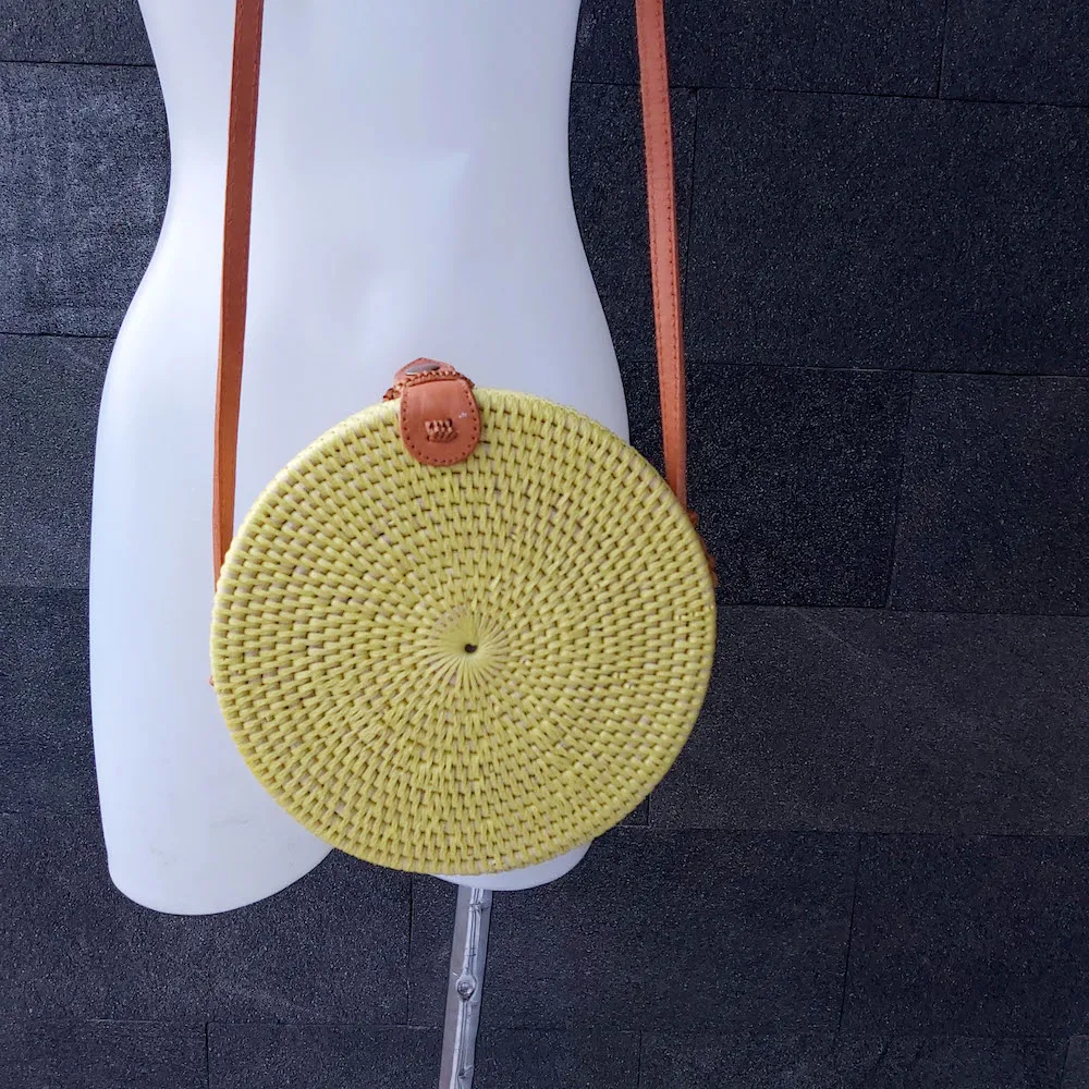 Woven round straw wicker storage lady woman bali beach crossbody single-shoulder basket hand rattan bag with leather strap