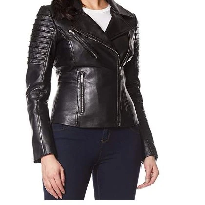 
Ladies Leather Jacket Stylish Fashion Designer Waxed Soft Biker Motorcycle Style Jacket Black 