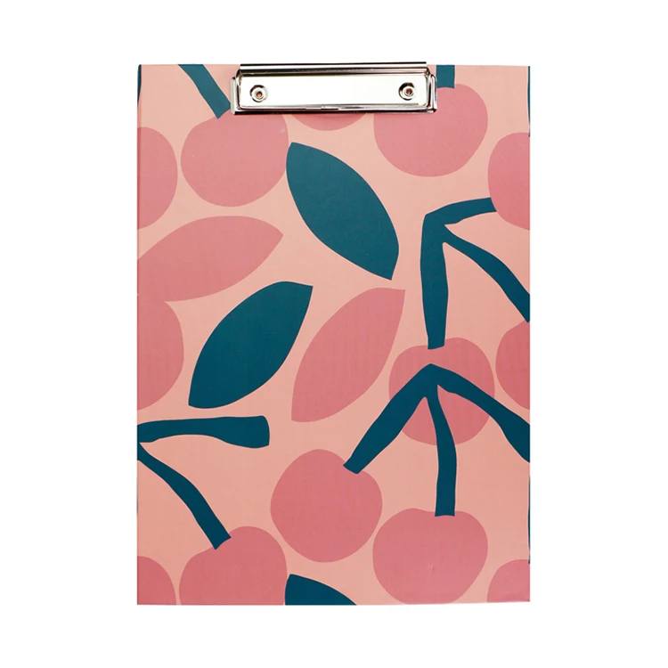 Office stationery fashion cherry A4 file holder with metal clip and writing memo pad inside, clipboard folder (1600334457900)