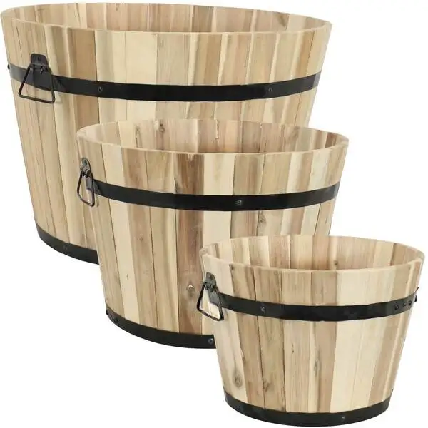
Acacia Wooden Planter With Draining Hold Bucket Barrel Planter Two Black Iron Straps 
