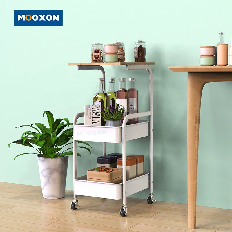 3 Layer Multifunction Steel Mesh Wire Basket Shelving Wood Board Utility Carts Organizer Storage Trolley Kitchen Rolling Cart