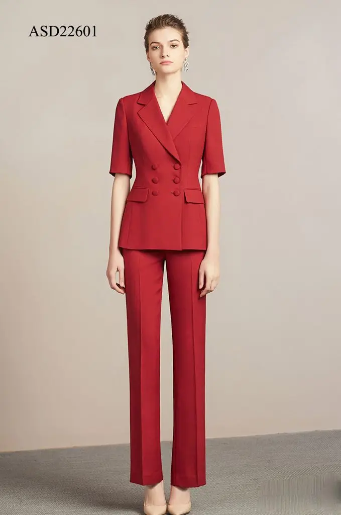Trendy Lady Suit Set Formal Fashion For Business Girls Red Color Short Sleeves Two Piece Pants Set Women