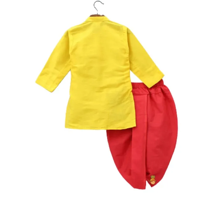 Attractive And Handcrafted Beautiful Designer Embroidery At Front Bottom For Kids Yellow Kurta With Red Dhoti Pure