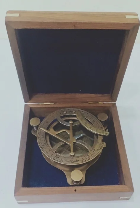 Античный латунный солнечный компас, 4 дюйма, коробка из натурального дерева