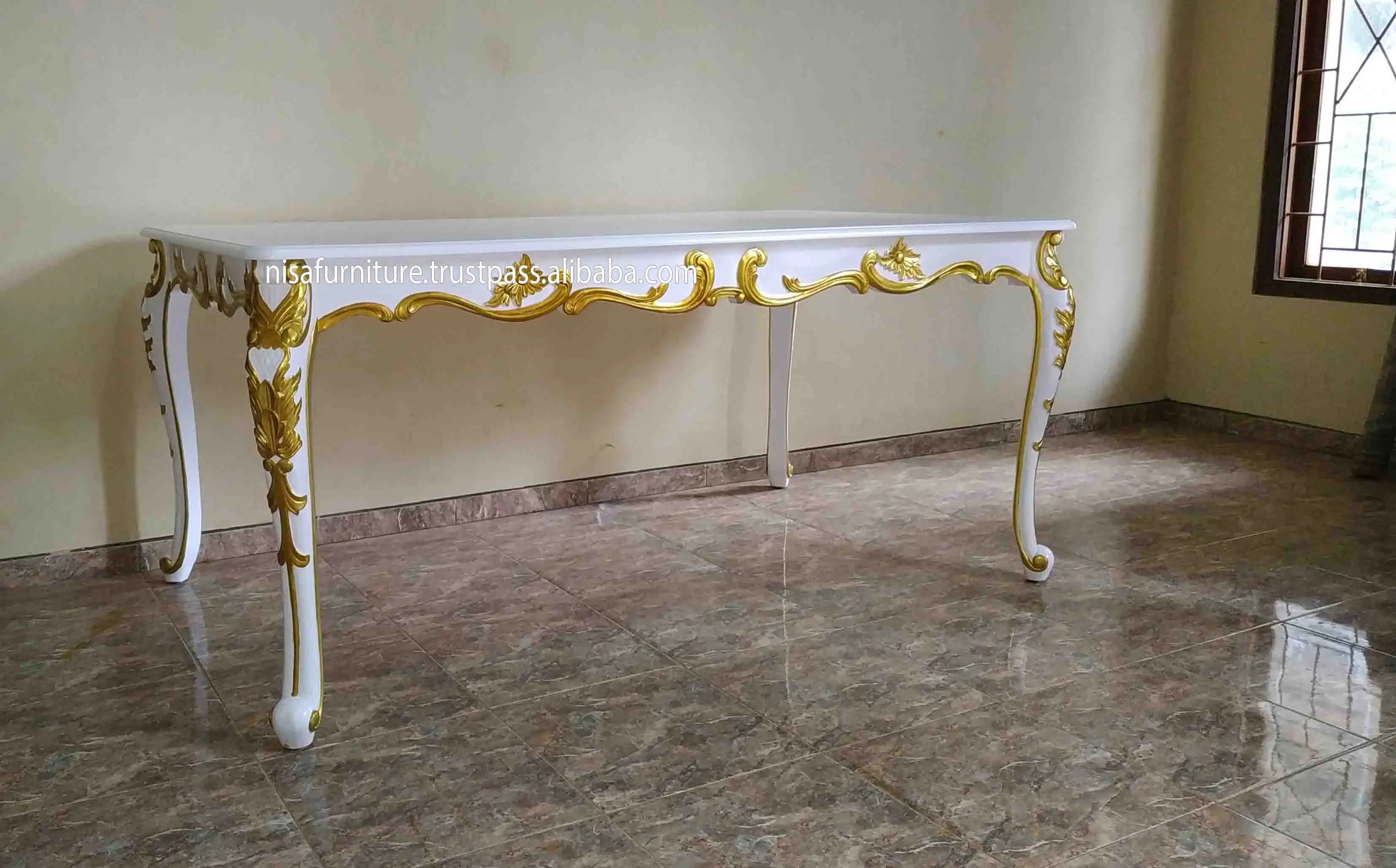 Antique Dining Room Furniture Set Rectangular Mahogany Wood MDF Board Table for 6 White Gold Trim Chairs Solid Wood Style Homes