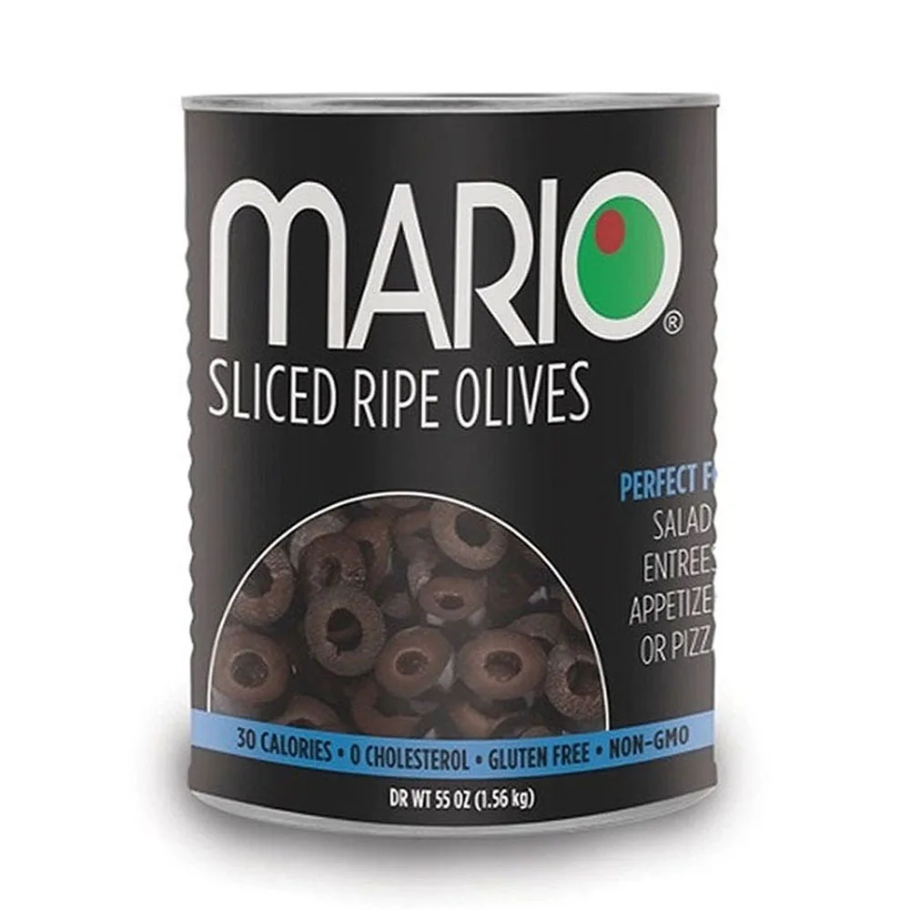 Mario Camacho Slice Ripe Olives 55oz Jar, Unmistakable, Delicious, Bold Flavor Premium Quality Pitted Black Olives