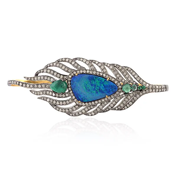 Natural Opal & Pave Emerald Diamond Peacock Feather Palm Bracelet In 18k Gold 925 Sterling Silver Jewelry