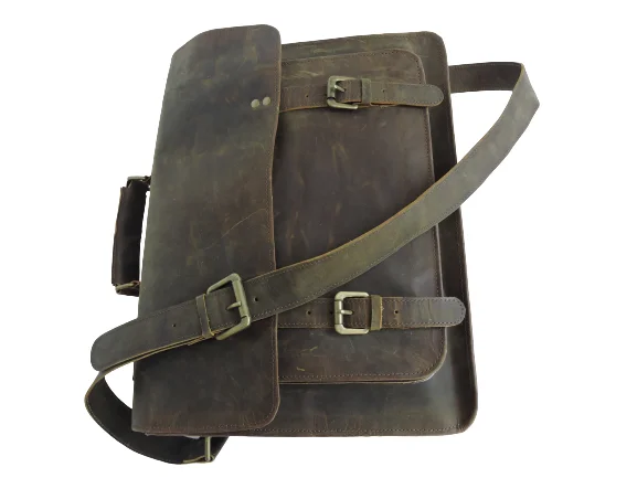 Unisex Customised High Quality Genuine Buffalo Leather Laptop Briefcase Travel Messenger Bag Flap Closer Chains Custom Daily Use