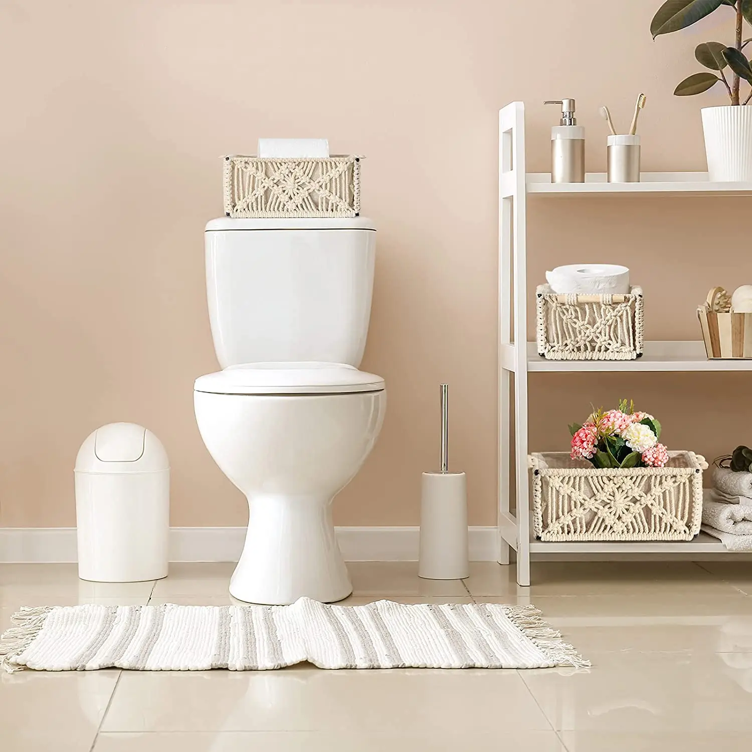 Macrame Storage Basket with Wooden Handles Boho Bathroom Nursery Bedroom Living room Decor