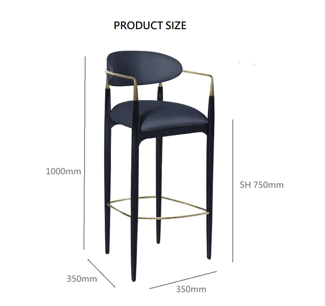 China Aluminum Gold Plated Armrest Fabric Black Frame Upholstery Metal Legs Dark Blue Bar Regular Bar Stools