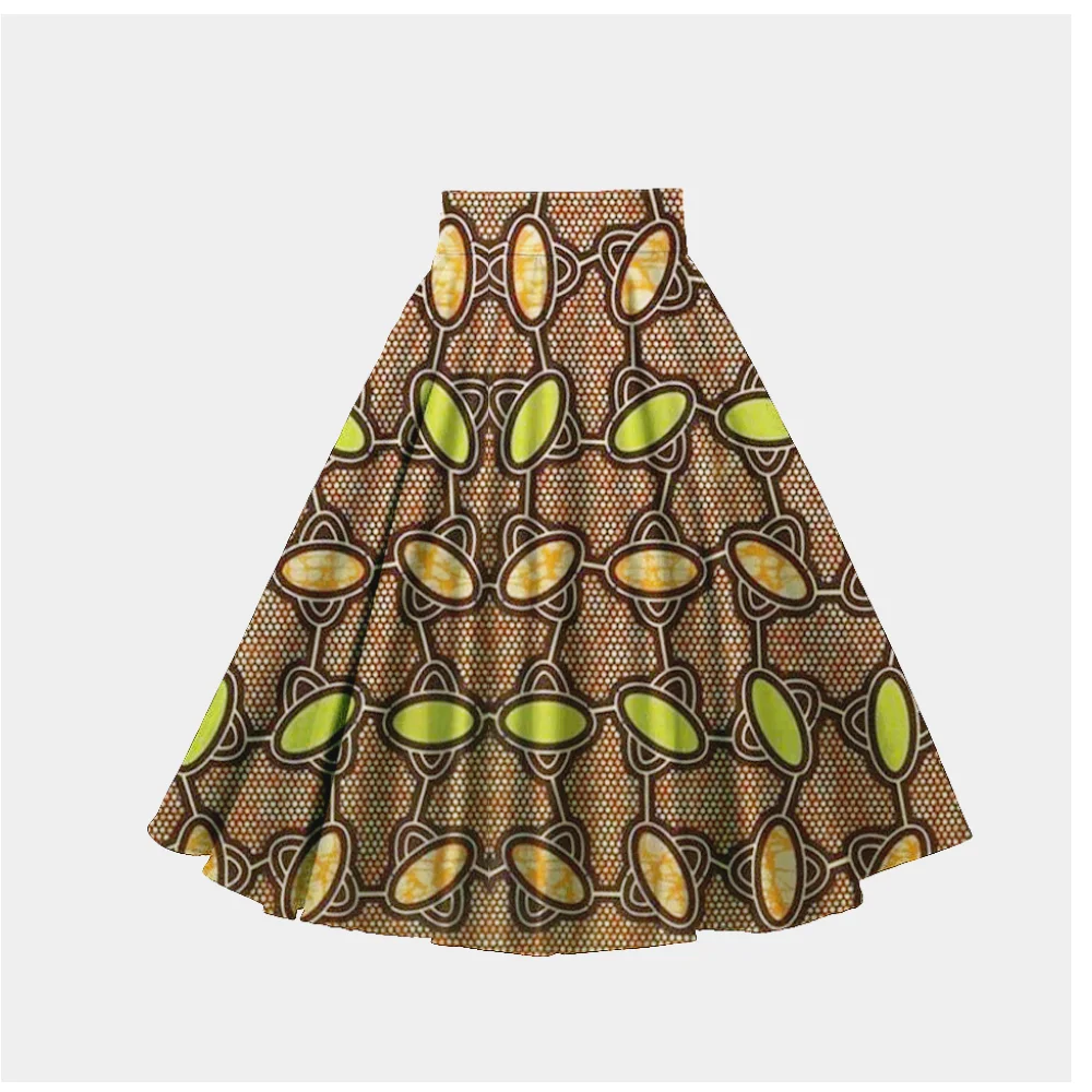 
Rapheeze Floor Length Green and Golden Oval Wax Print Maxi Skirt 