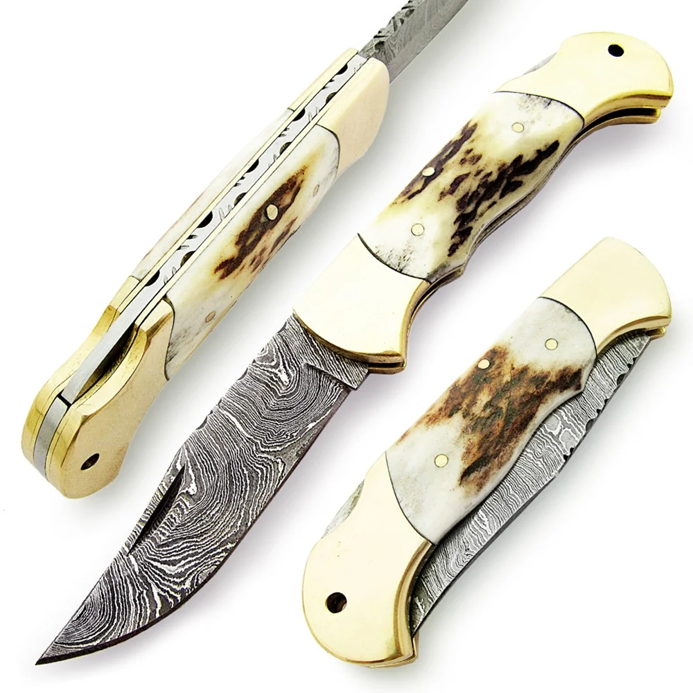 100% оптовая продажа высокое качество ручной работы Дамасская сталь складной нож/карманный нож для повседневного использования, рога справиться с кожаной оболочки SCW-FK-0053