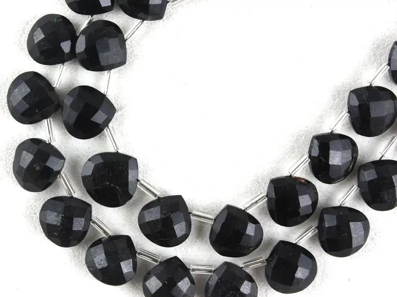 Top Quality 14 Pieces Strand Natural Black Tourmaline Gemstone Faceted Heart Shape Briolette Beads Wholesale
