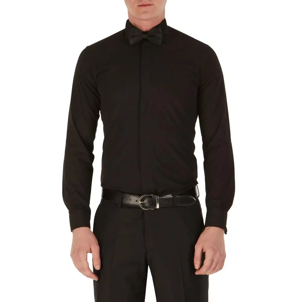 
Стильная черная облегающая Мужская рубашка с двойными манжетами для костюмов 