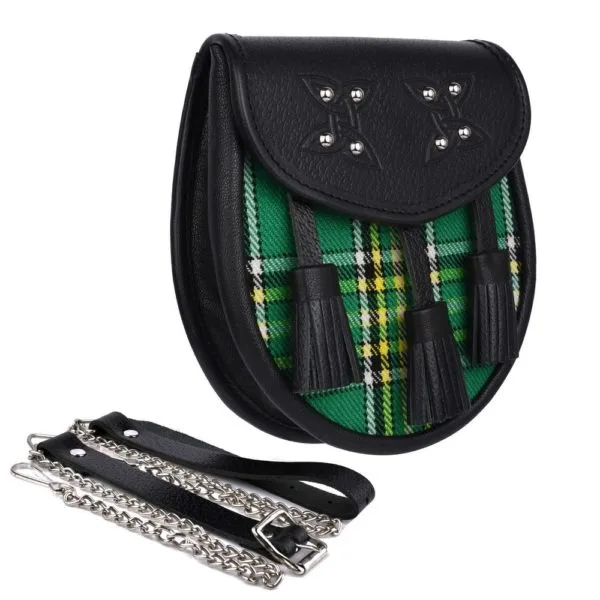 Leather 3 tassel Day wear Celtics Kilt Sporran w-Belt Hip Bag For Women Leather Black Studded Cow Leather bag