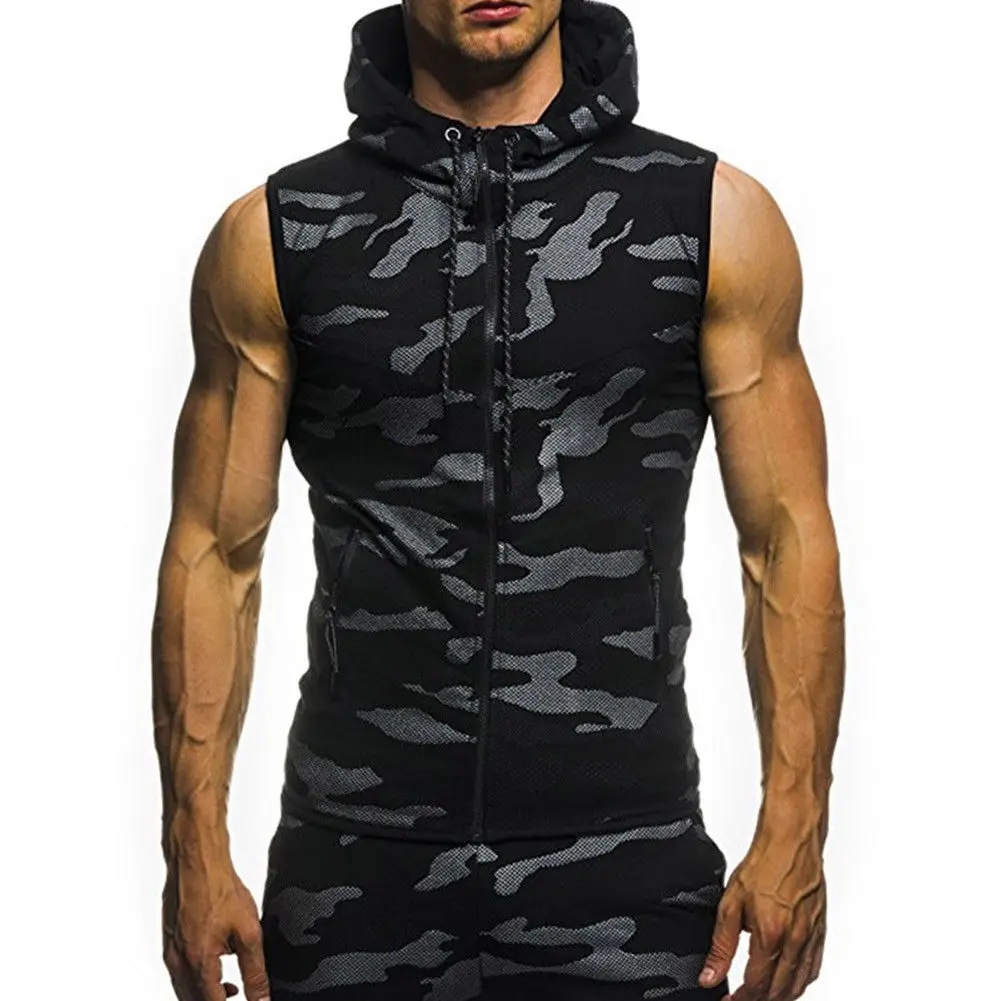Camo Sleeveless Custom Hoodie For Men Zipper-up Hoodie