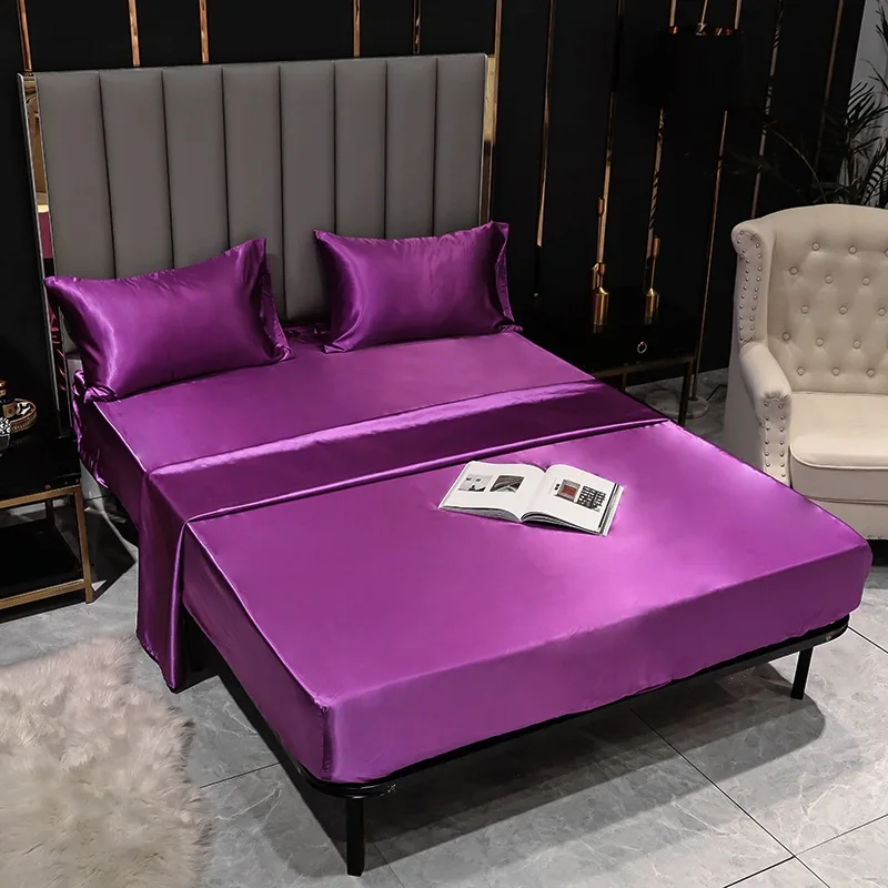 Home TeX wholesale luxury  Polyester Microfiber Silky Solid Satin Blue Red Fitted Flat Bed Sheets for Home