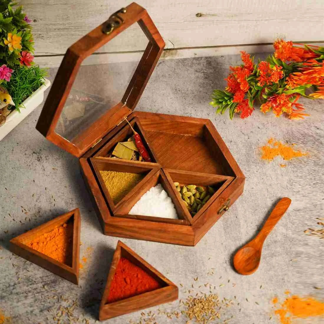customized best quality handcrafted natural wooden spice box  spice container for home home restaurant hotel from India .