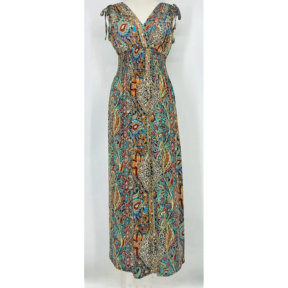 Latest Italian Design Extra Long Short Sleeve V Neck Sexy Summer Print Dress