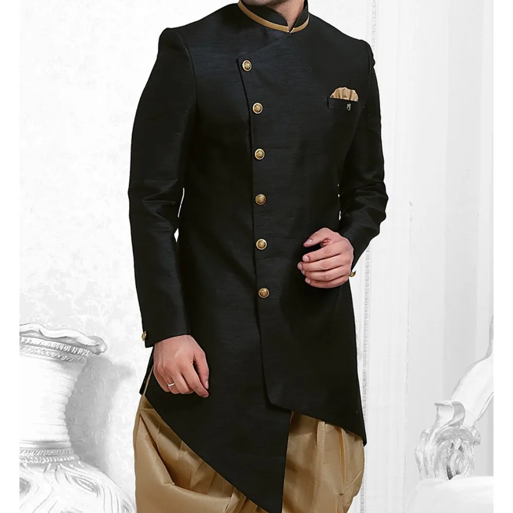 Черное искусство черное шелковое до западного шервани с боковым карманом Необычные пуговицы в стиле dhoti