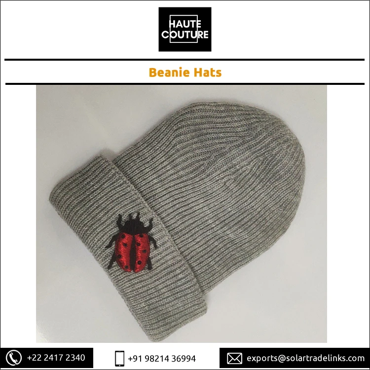 Unisex 23 cm x 20 cm Winter Season Knitted Beanie Hat Hand Embroidered Beetle Design for Outdoor & Daily Use for Adults