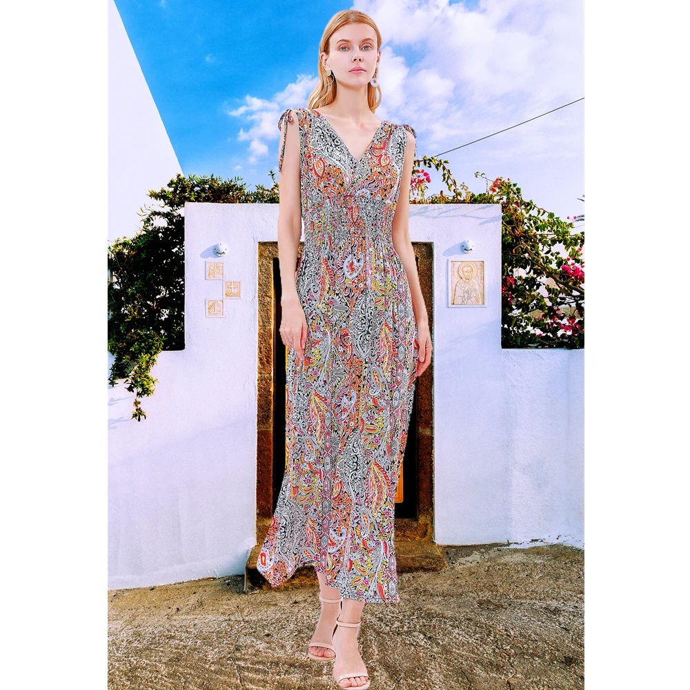 Latest Italian Design Extra Long Short Sleeve V Neck Sexy Summer Print Dress