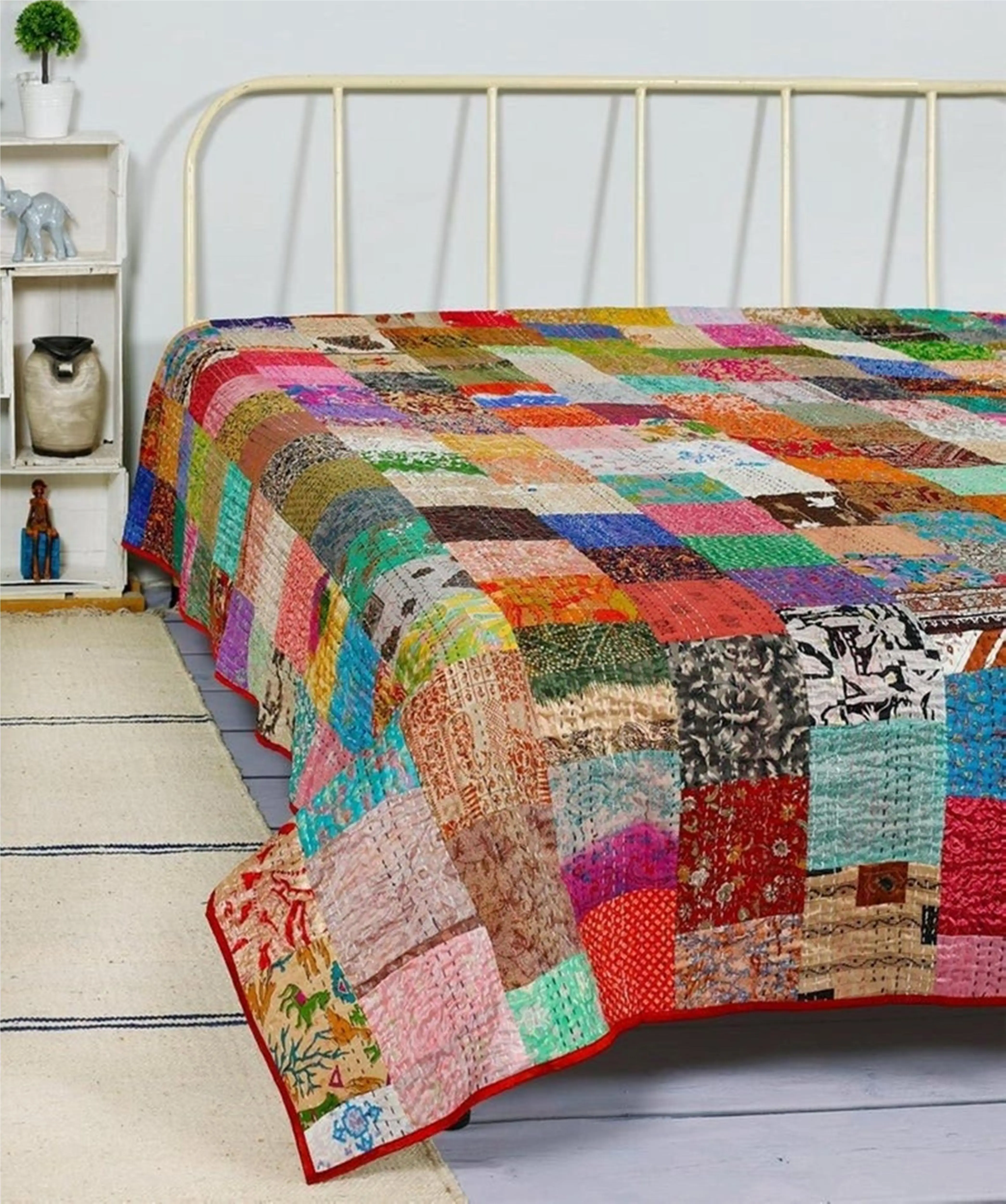 Оптовая продажа индийское одеяло kantha ручной работы из чистого шелка нашивка двубортное постельное белье покрывало декоративное