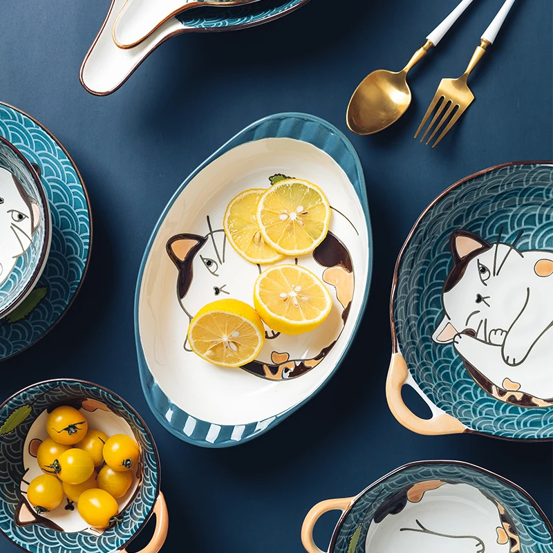 Jade-cer Cartoon Cat Japanese Design Dinnerware Set Dishes & Plates Porcelain Plates Ceramic Baby Bowl Soup Bowl