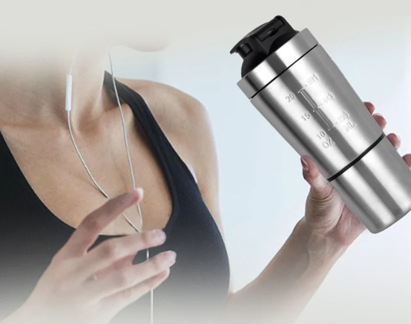 Stainless Steel Shaker with Built-In Mixing Lid & Mixer Ball,Premium Shaker Bottle with Twist Storage Compartment Cup