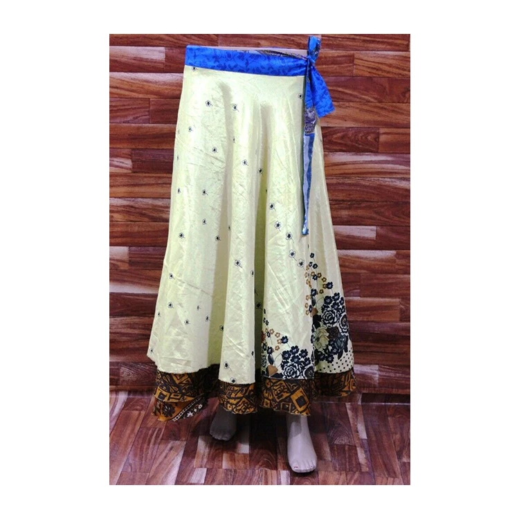 Blue Color Indian Skirt Hippy Long Beach Maxi Wrap Around Silk Sari Skirt Patterned with Elastic Waist for Girls and Women