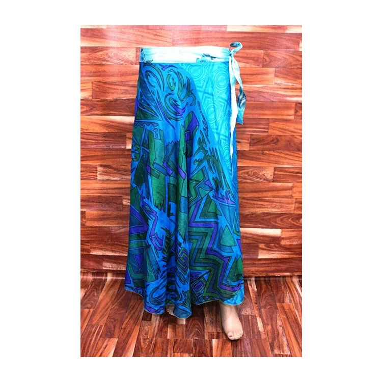 New Collection 2023 Fashion Summer Beach Skirts Blue Gray Indian Silk Sari Skirt Long Floral Printed Wrap Around Skirts